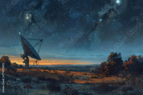 Night landscape featuring large radio telescope, scanning the starlit sky photo