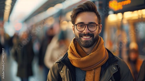 A man with beard and glasses smiling in a subway, AI