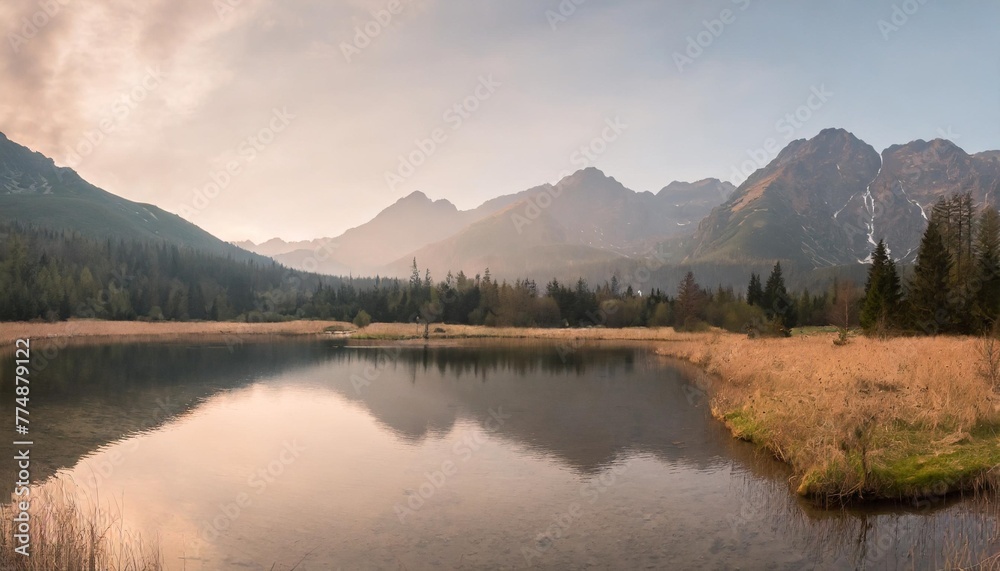 panorama of pond in the tatra mountains poland