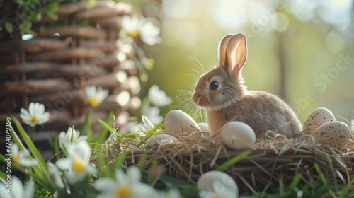 A small rabbit sitting in a nest with eggs and flowers, AI photo