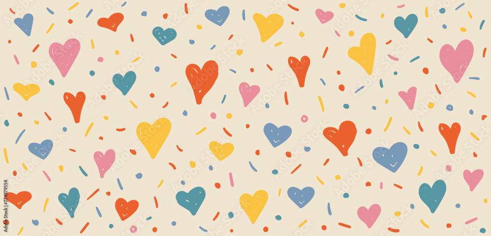 Hearts hand drawn Y2K naive seamless pattern. Vector colorful doodle funny hearts love background in 70s groovy style