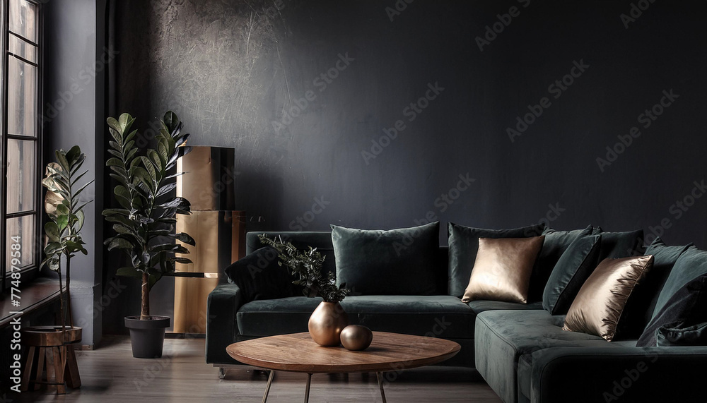 illustration d'un pièce d'une habitation ici un salon très moderne dans les teinte noir, vert et or