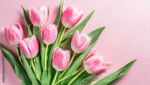 Pink Petal Paradise  Top View Arrangement of Tulips on Pale Pink Surface