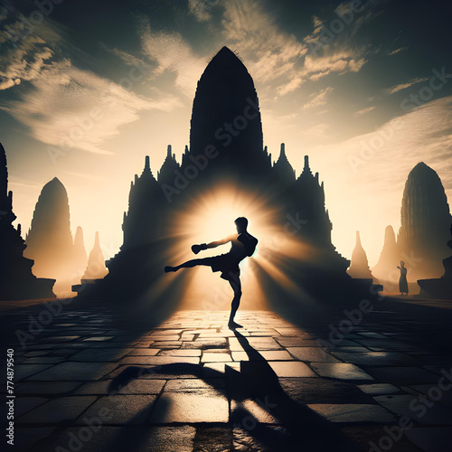 Dawn of Discipline: Muay Thai Fighter's Silhouette Against Ancient Temple