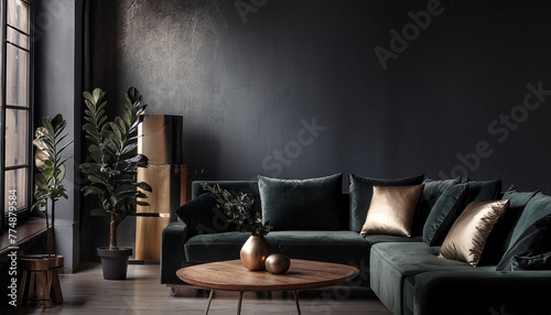 Obraz na płótnie illustration d'un pièce d'une habitation ici un salon très moderne dans les teinte noir, vert et or w salonie