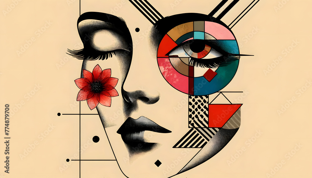 An abstract portrait collage with a beige background. The face is drawn ...