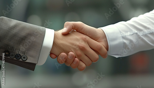Two business partners are shaking hands with smiles - sealing the deal after successful negotiations for their startup venture. © Davivd