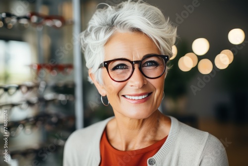 Stylish mature woman with natural gray hair trying on glasses in optometry store