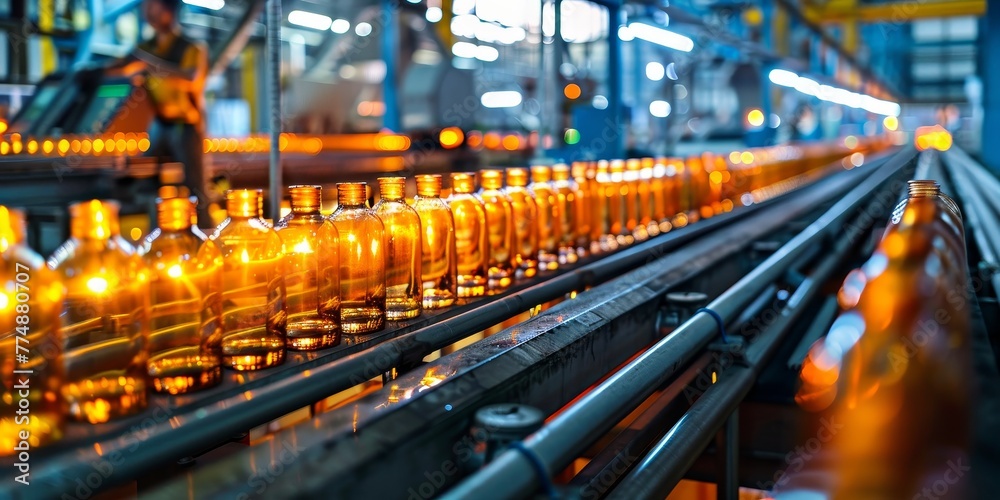 Container glass factory with individual section (IS) machine blowing stations. Container glass factory with individual section (IS) machine blowing stations.