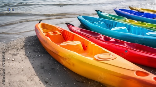 vibrant kayaks rest on shore ready for sea exploration and leisure activities