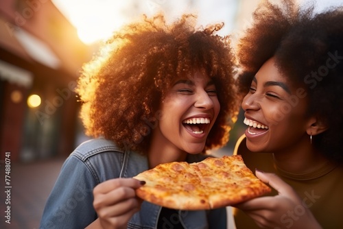 Happy young african curly-haired girlfriends fooling around, eating pizza in the city photo