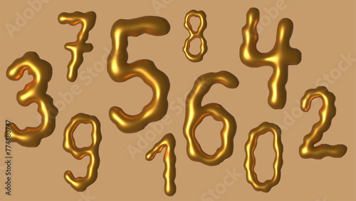 Set of gold isolated numbers. Gold yellow metallic figure. Foil symbol. Bright metallic 3D, realistic vector illustration