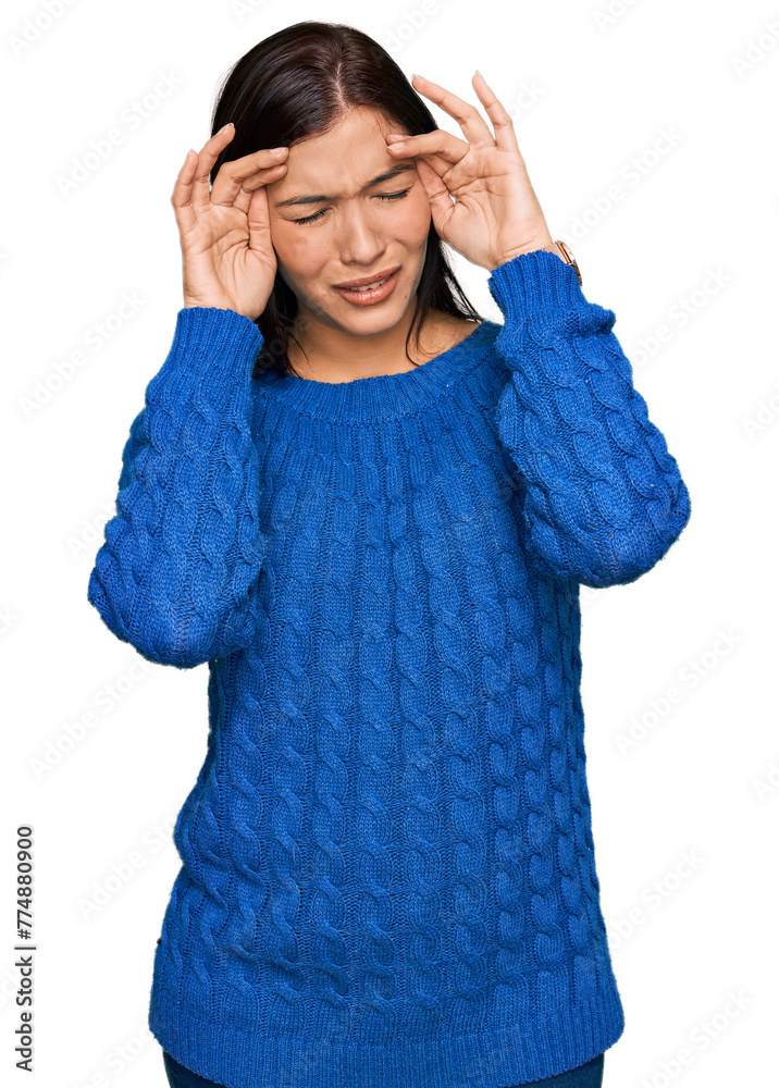 Young hispanic woman wearing casual clothes with hand on head, headache because stress. suffering migraine. Young hispanic woman wearing casual clothes with hand on head, headache because stress. suffering migraine.