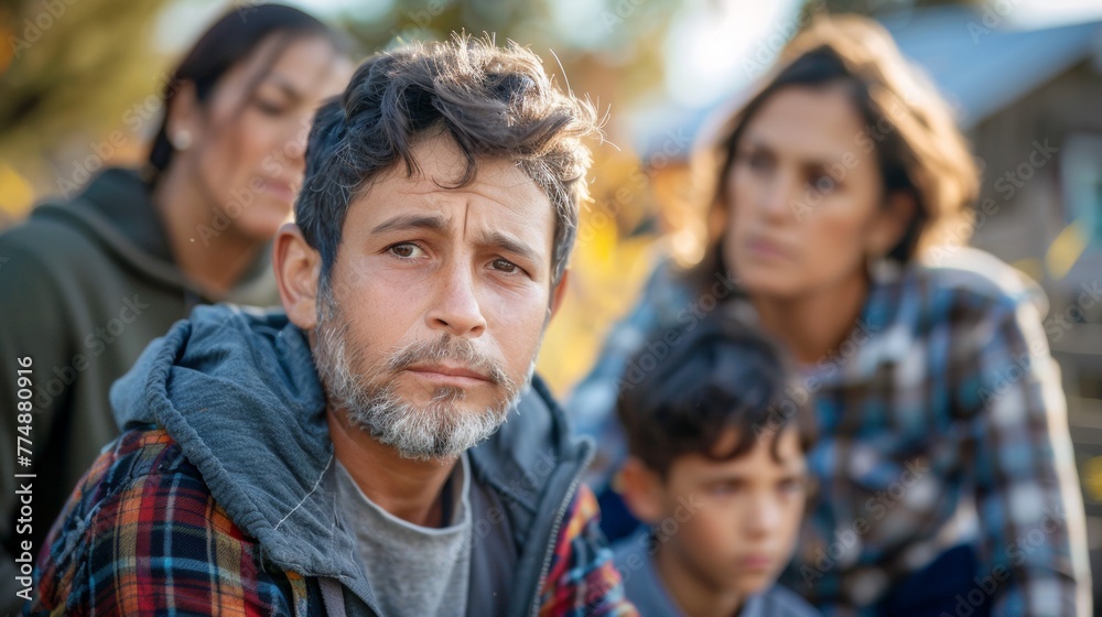 Fototapeta premium A man with a beard and plaid shirt sitting next to two women, AI