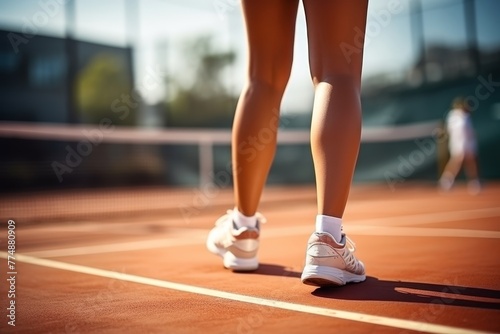 Female legs of a tennis player in close-up making a serve on an outdoor tennis court