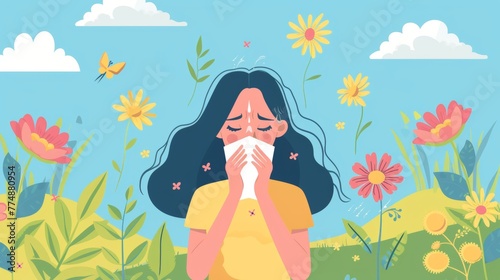 A female sneezing due to pollen allergy.