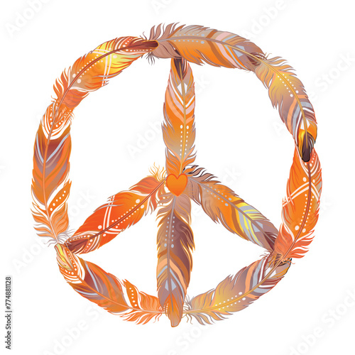 Peace sign made of colored bird feathers. Hippie symbol. Sixties Boho Style. ...