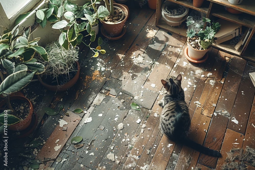 An apartment floor in disarray, ruined by a mischievous cat with