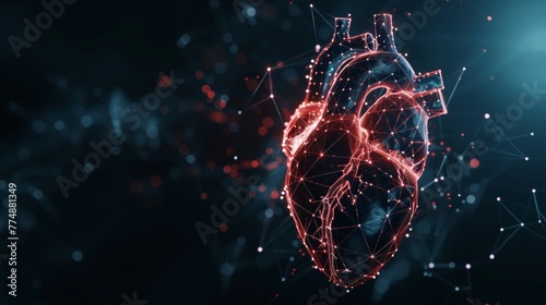 Glowing hologram of human heart organ 3D structure with dark background. #774881349