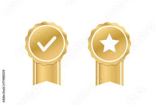 Quality certified badge. Golden seal with ribbon. Approved checkmark icon. Awards and premium quality. Vector illustration photo
