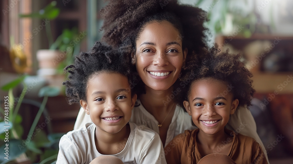 A joyful family moment captured as a smiling mother embraces her two young children in a cozy home environment.. A joyful family moment captured as a smiling mother embraces her two young children in a cozy home environment..