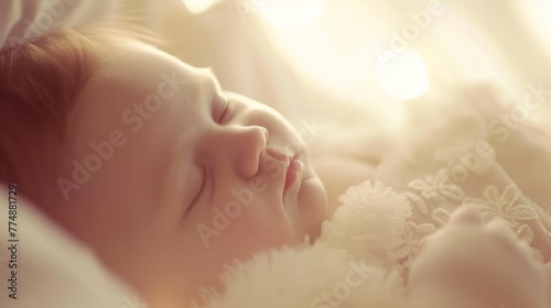 Cute sleeping new born baby in bed. photo