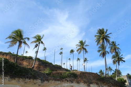 silhueta de homem não identificado caminhando em praia com coqueiros em japaratinga, alagoas 