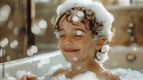 A little child in bathtub enjoying his bath with foam in head with a blurry backdrop and space for text or product, Generative AI.