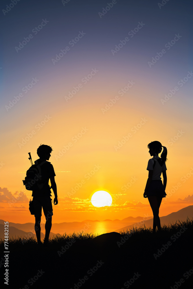 Friendship Day Connection: Two Friends in Vertical Sunset Silhouette, Waving at the Red-Orange Sky