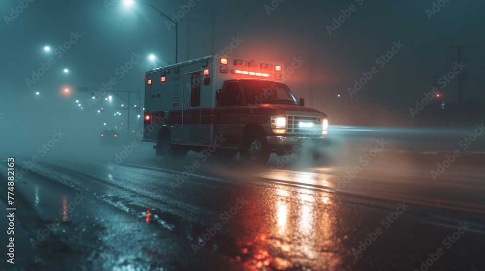 An ambulance rushing speeding on road in emergency An ambulance rushing speeding on road in emergency
