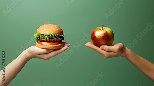 Unhealthy vs healthy food. Burger and apple in different hands on green background . Choice between fast foods and vegetables, fruit.  photo