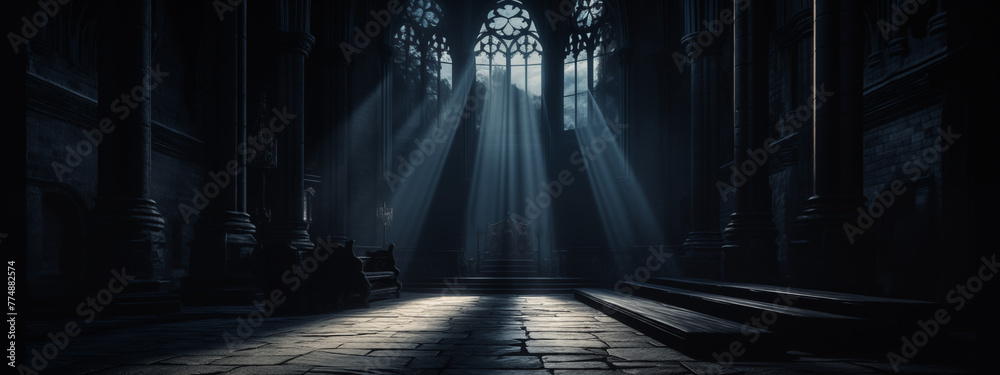 Ethereal Light Streams Through Stained Glass in Cathedral - obrazy, fototapety, plakaty 