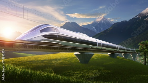 Eco-Friendly High-Speed Train in Idyllic Mountain Setting, Sunlit Morning photo