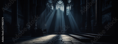 Ethereal Light Streams Through Stained Glass in Cathedral photo