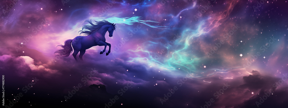Naklejka premium Mystical Cosmic Nebula with Ethereal Unicorn in Space