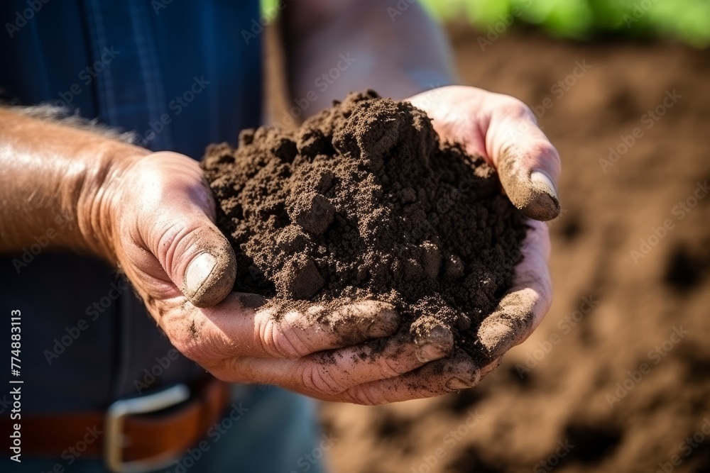 Agronomist examining soil sample in agricultural field, close up of ...
