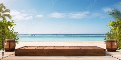 Summer Beach with sunlight sparkling on Ocean Water,Wood floor on sand, Empty Wood table for product display, Natural Seascape with blurry horizon,Summer landscape vacation on seaside