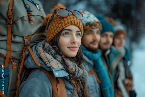 Winter hiking group in a snowy landscape