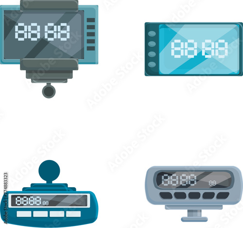 Taximeter icons set cartoon vector. Taxi service calculating equipment. Electronic device