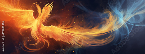 Fiery Phoenix Bird Engulfed in Flames and Blue Smoke