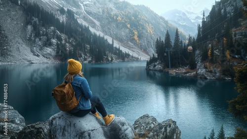 Solo traveler admiring a mountain lake view photo
