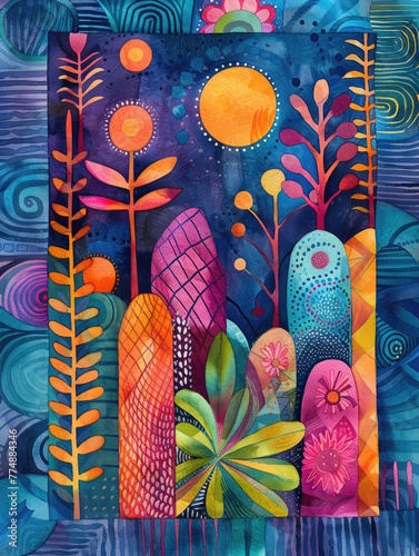 all things summer art watercolor, vibrant stage backdrops, indigo, dot-painted colors, optical blending, organic material, dreamlike horizons, illustration made with Generative Ai