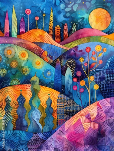 all things summer art watercolor, vibrant stage backdrops, indigo, dot-painted colors, optical blending, organic material, dreamlike horizons, illustration made with Generative Ai