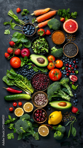 fresh fruits and vegetables in a healthy flat lay