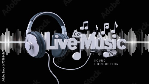 Flyer logo poster of a headphones with musical notes with the words Live Music. Concept for musical evening