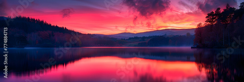 Silhouettes of Nature: Serene Lake Under a Dramatic Sunset Sky with Colorful Bokeh Effects