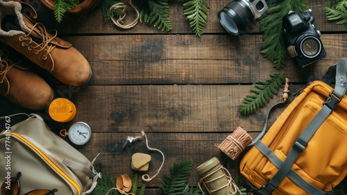 Top view of hiking gear on wooden background photo