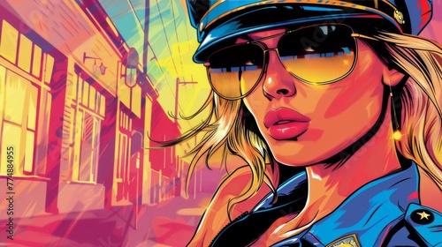 Vector illustration of police officer patrolling street. Comic book. photo