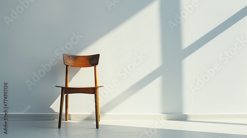 A simple wooden chair against a pristine white wall, casting a shadow
