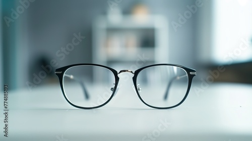 A pair of black-rimmed glasses resting on an empty white desk